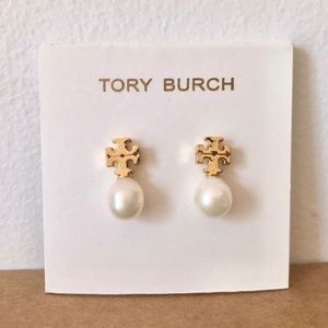 Tory Burch earrings logo gold pearl earrings